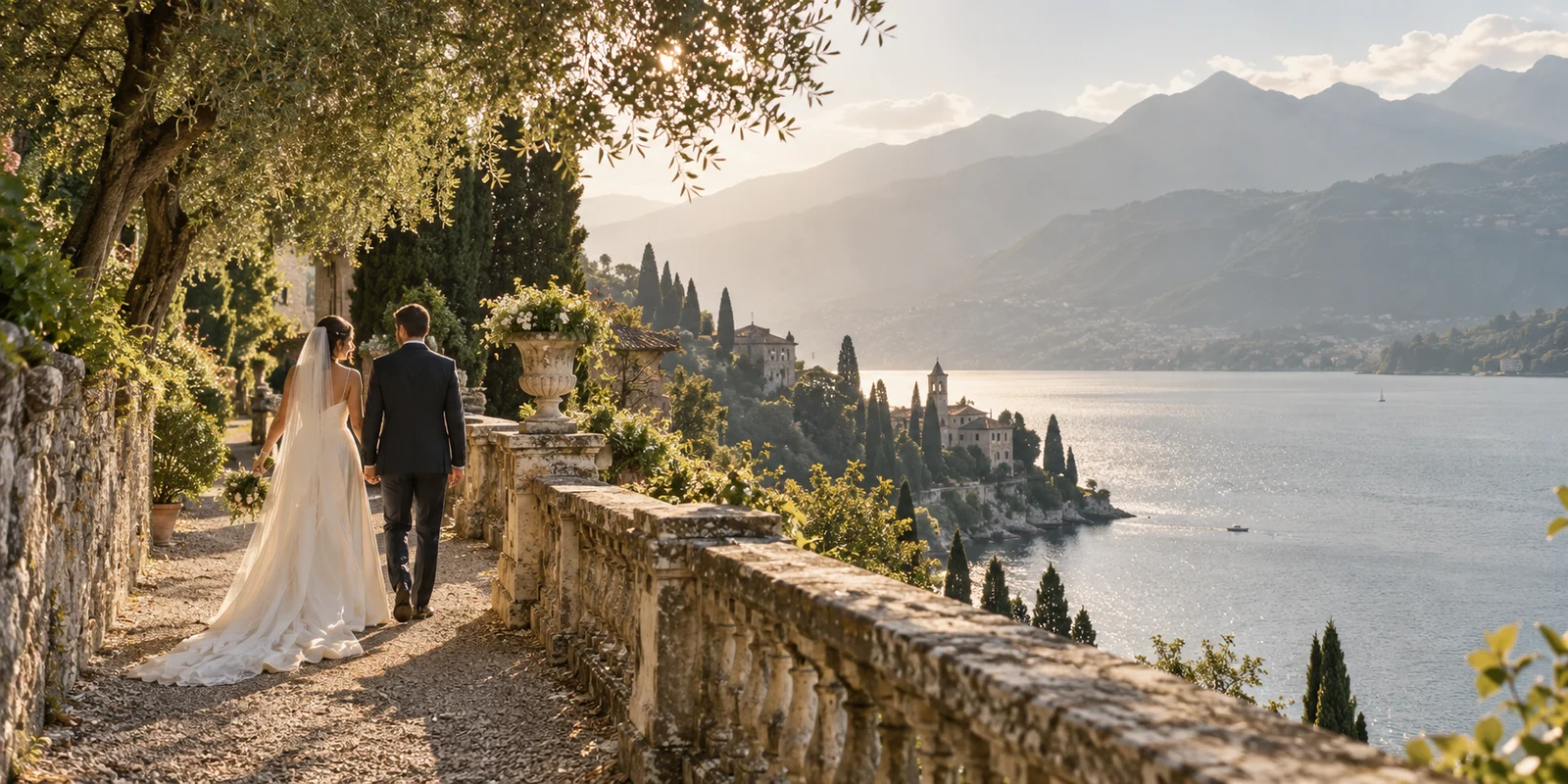 Illustrative wedding scene by a lake